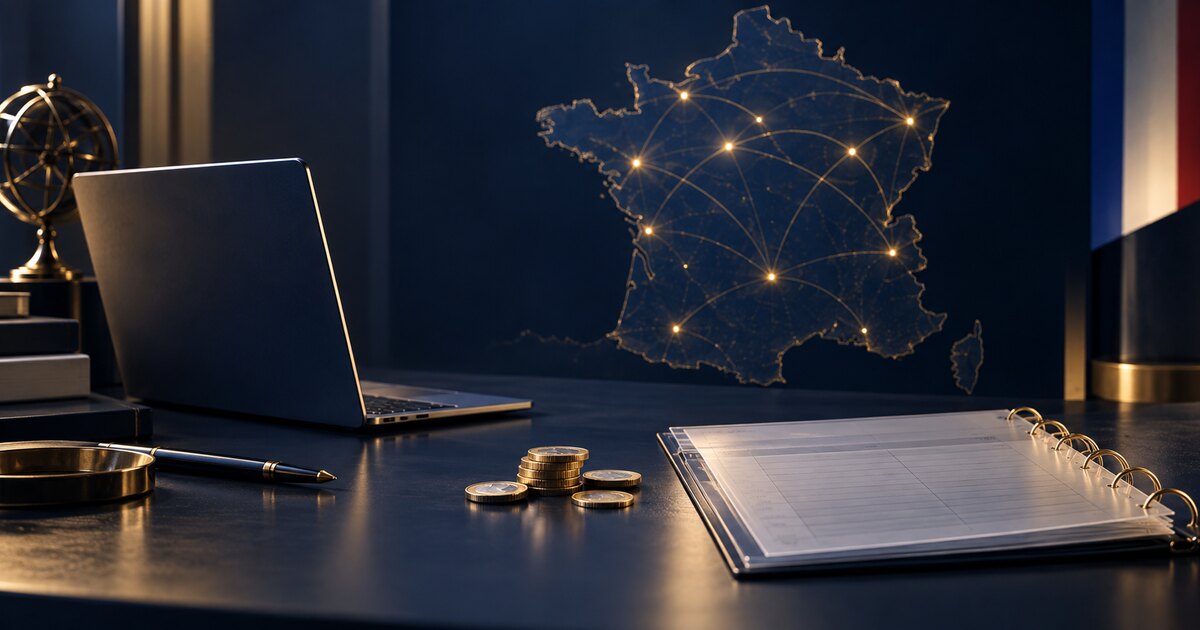 Bureau sobre, pièces, ordinateur et carte lumineuse de la France symbolisant une campagne frugale