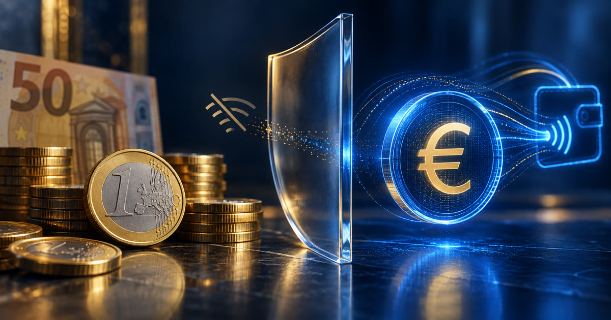 Pièces en euros, jeton numérique lumineux et paroi transparente symbolisant la protection des paiements