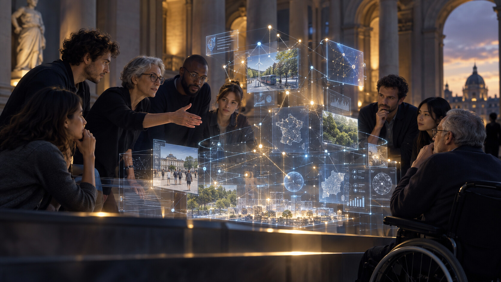 Des citoyens examinent ensemble une représentation transparente de systèmes d’intelligence artificielle
