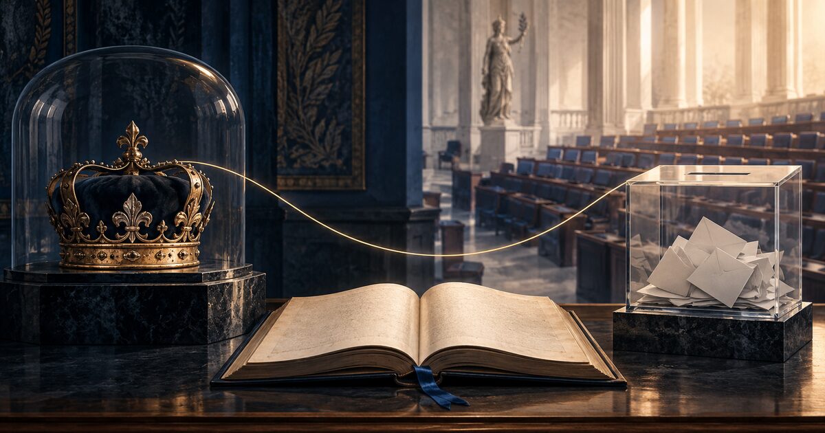 Une couronne historique sous verre, une Constitution ouverte et une urne face à une assemblée démocratique